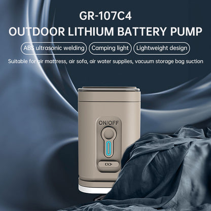 Tan compact rechargeable air pump with front controls and camping light