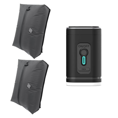 Two black travel vacuum bags pictured with a compact pump