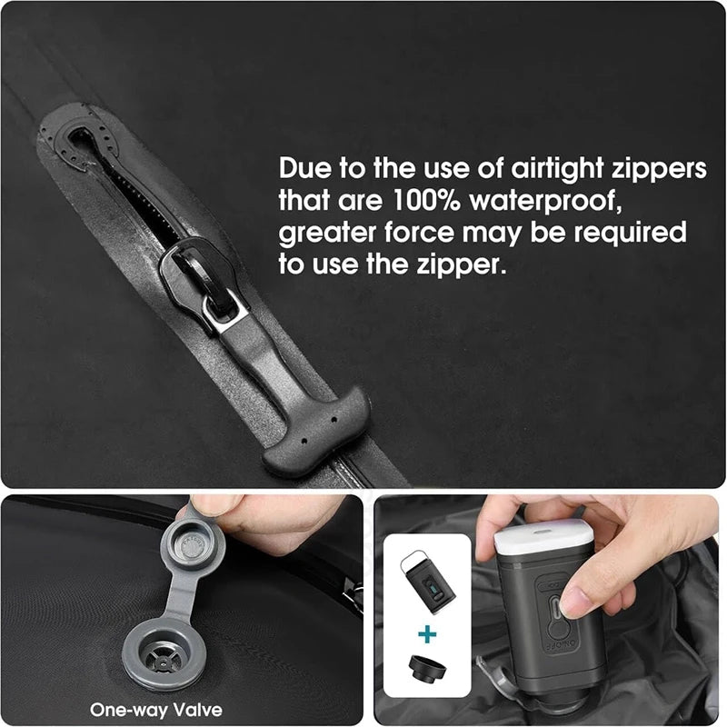 Close-ups of the vacuum bag zipper and one-way valve