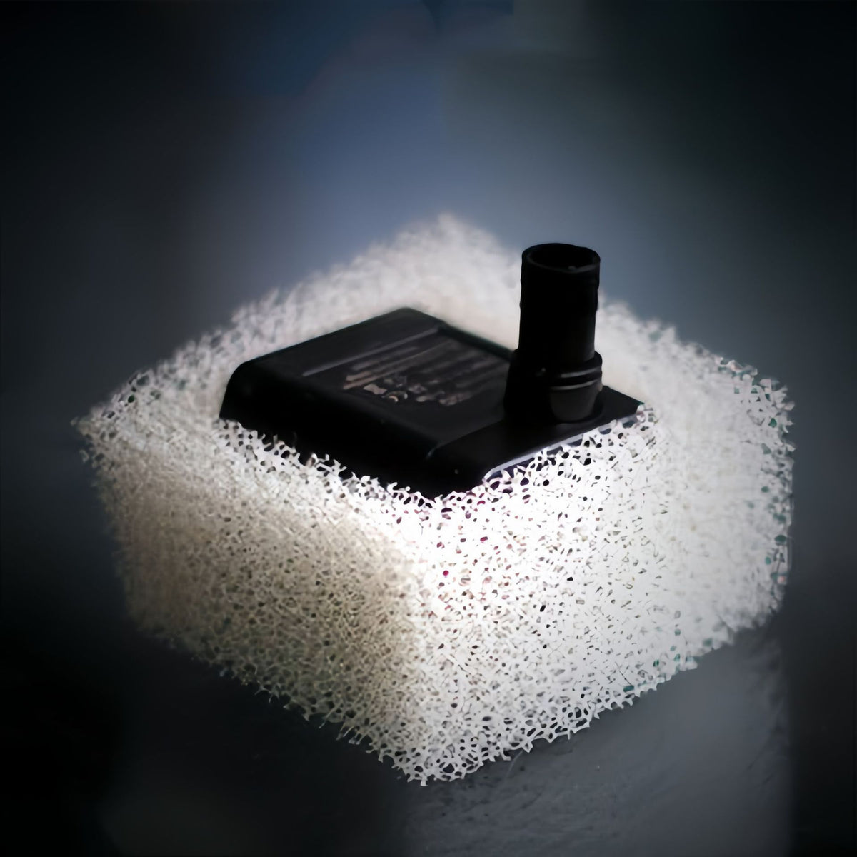 Close-up of a pet fountain pump surrounded by a white filter element