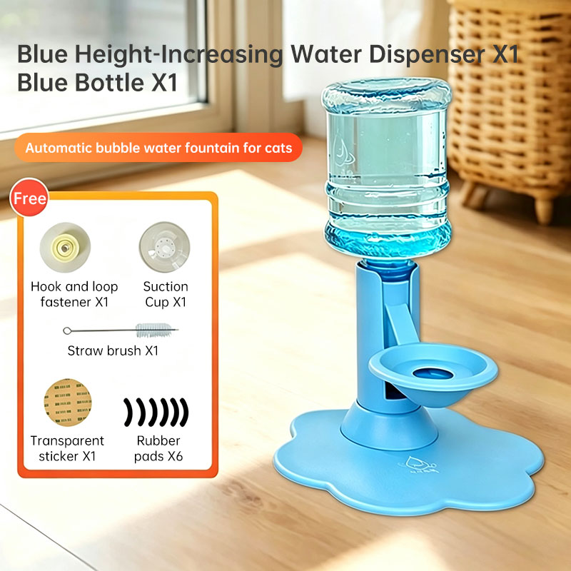 Blue adjustable-height dispenser and pictured accessory diagram