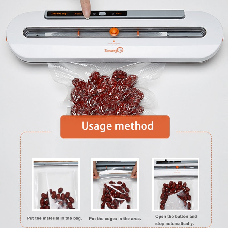 Illustrated steps for placing a bag in the vacuum food sealer