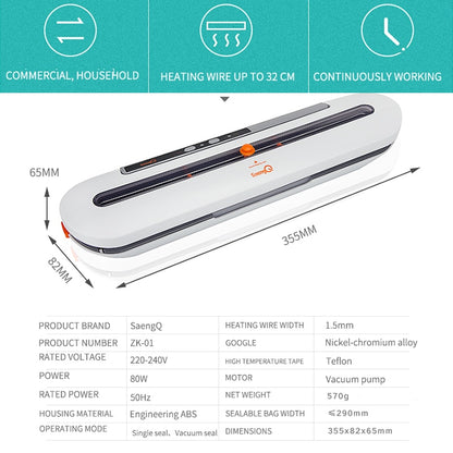 Vacuum food sealer with dimension and specification chart