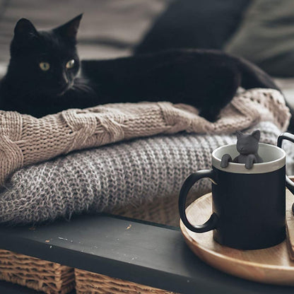 Cat-shaped infuser in a mug beside a resting black cat