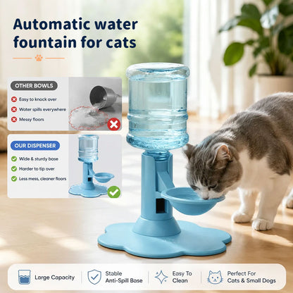 Cat drinking from a blue elevated gravity water dispenser