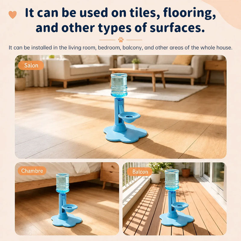 Blue pet dispenser shown in several indoor positions