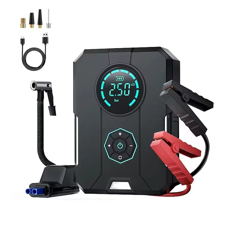 Combined inflator model pictured with clamps, hose and nozzle accessories