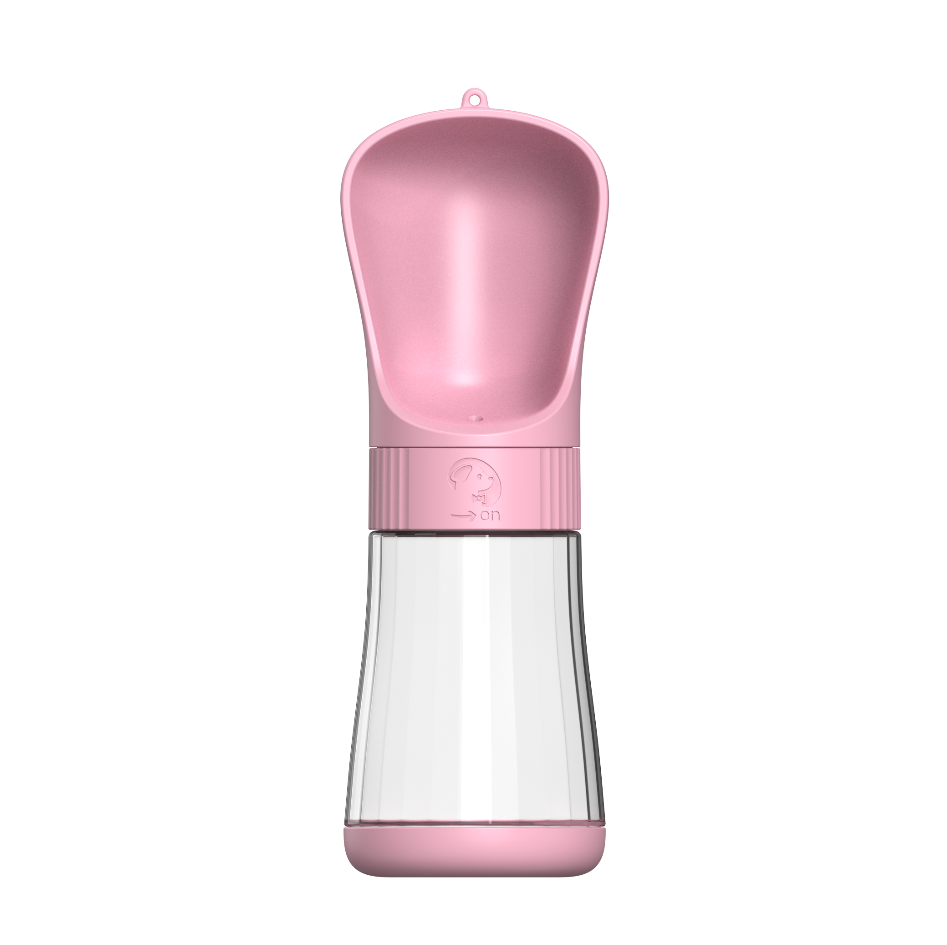 Tall pink pet water bottle with built-in drinking trough