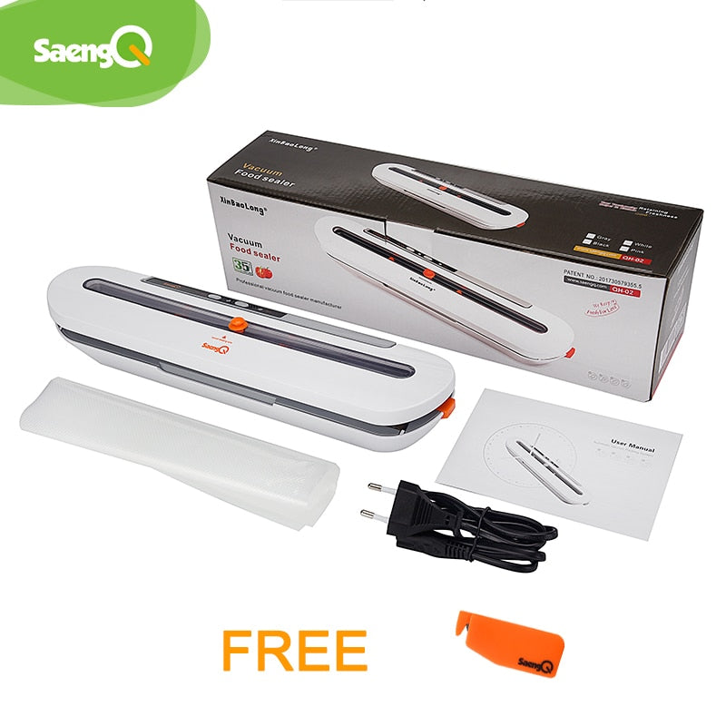Food sealer pictured with box, cable, bags and instructions