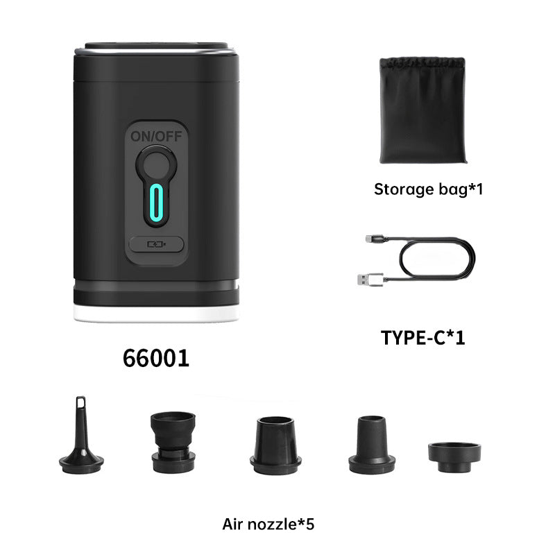 Black mini pump with charging cable, storage pouch and five adapters