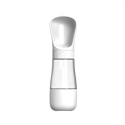 White pet water bottle with lower food-storage compartment