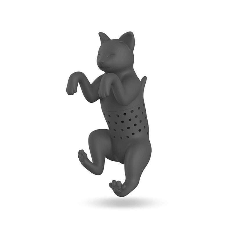 Gray silicone cat tea infuser showing its perforated body