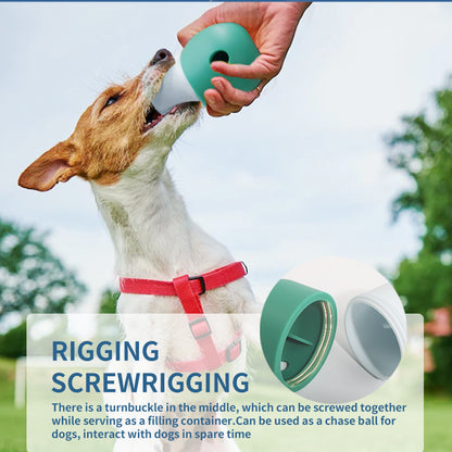Dog reaching for a treat toy with an inset showing the two sections separated