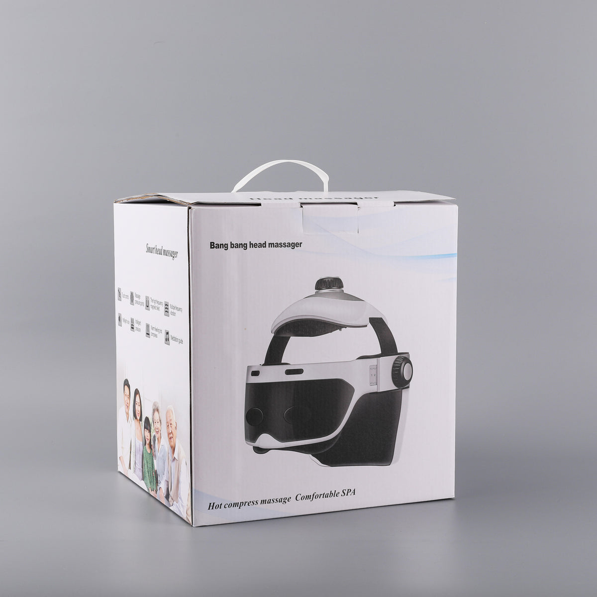 Retail box pictured for the electric head massager