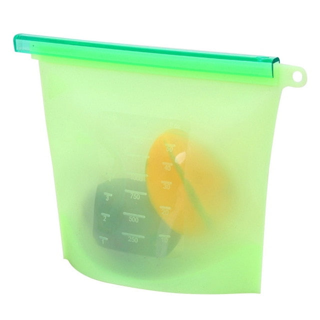 Green silicone food storage bag with a sliding closure