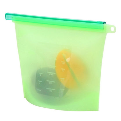 Green silicone food storage bag with a sliding closure