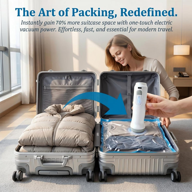 Vacuum pump shown compressing a bag inside a suitcase