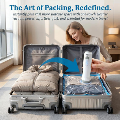 Vacuum pump shown compressing a bag inside a suitcase
