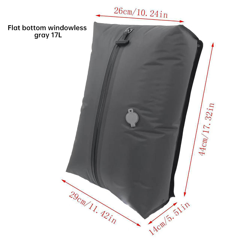 Black 17L travel vacuum bag with dimension labels