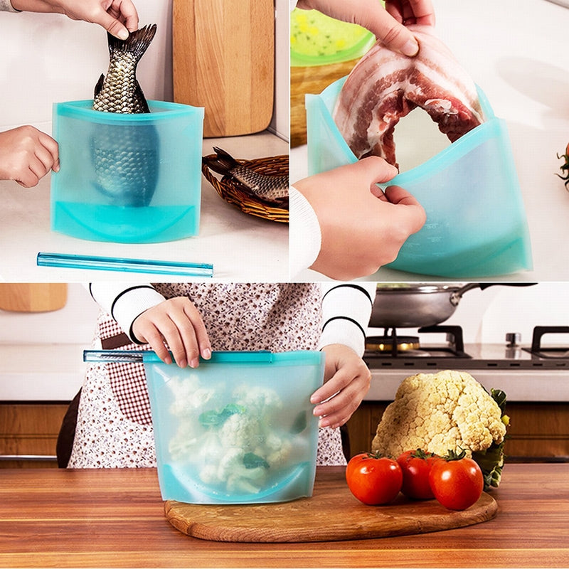 Reusable silicone bags shown being filled with food in a kitchen