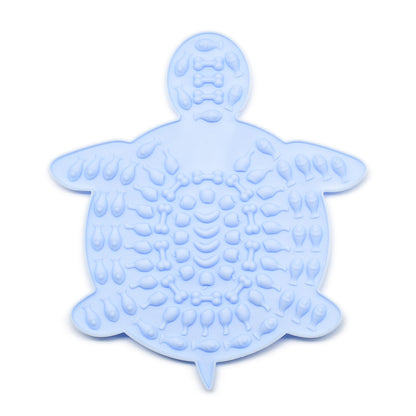 Blue turtle-shaped silicone pet lick mat with textured surface