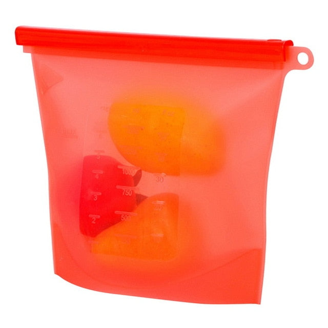 Red silicone food storage bag with a sliding closure
