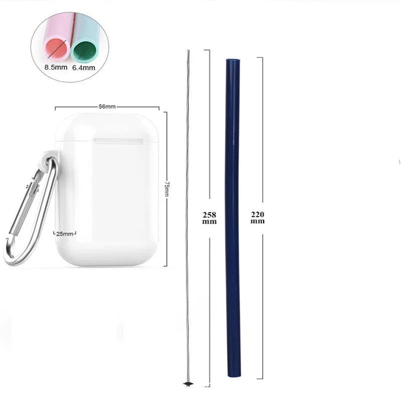 Reusable straw, cleaning brush and case with dimension labels