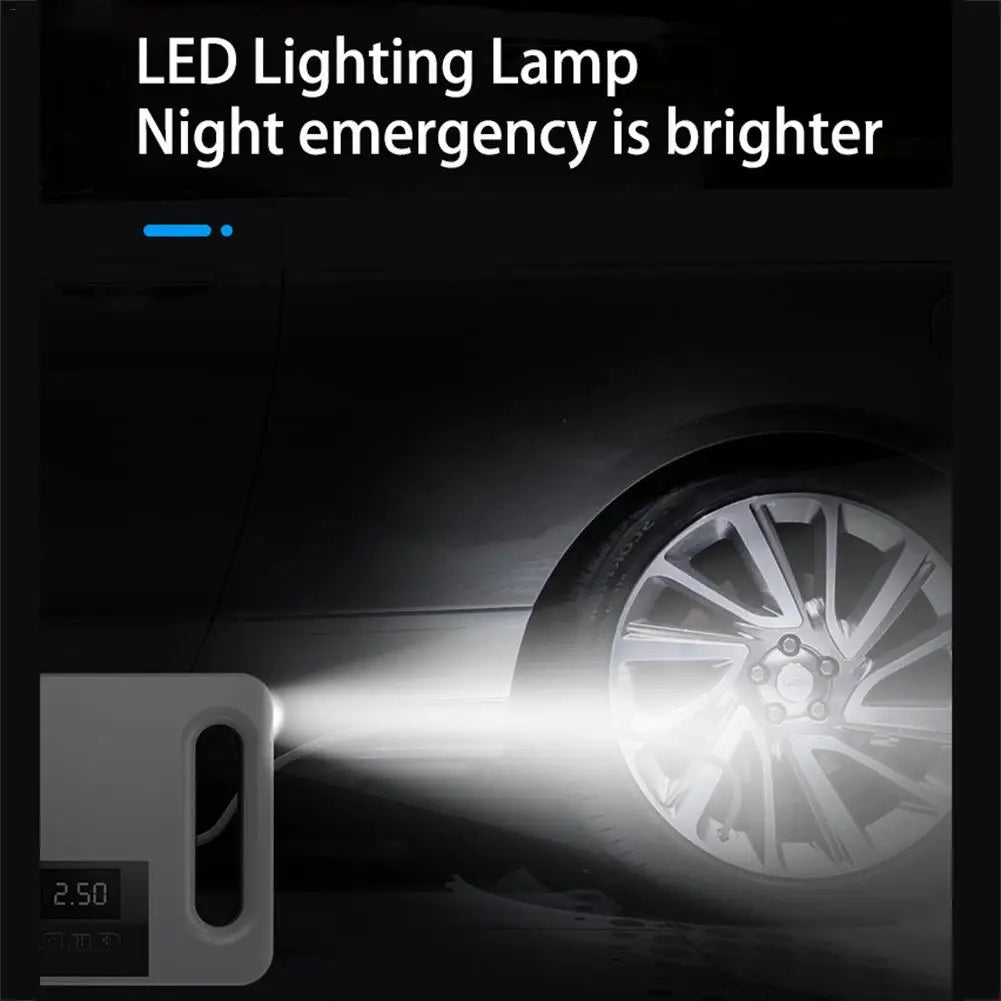 Tire inflator LED light illuminating a car wheel