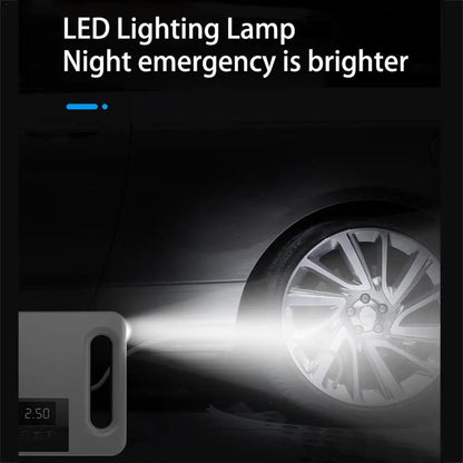 Tire inflator LED light illuminating a car wheel