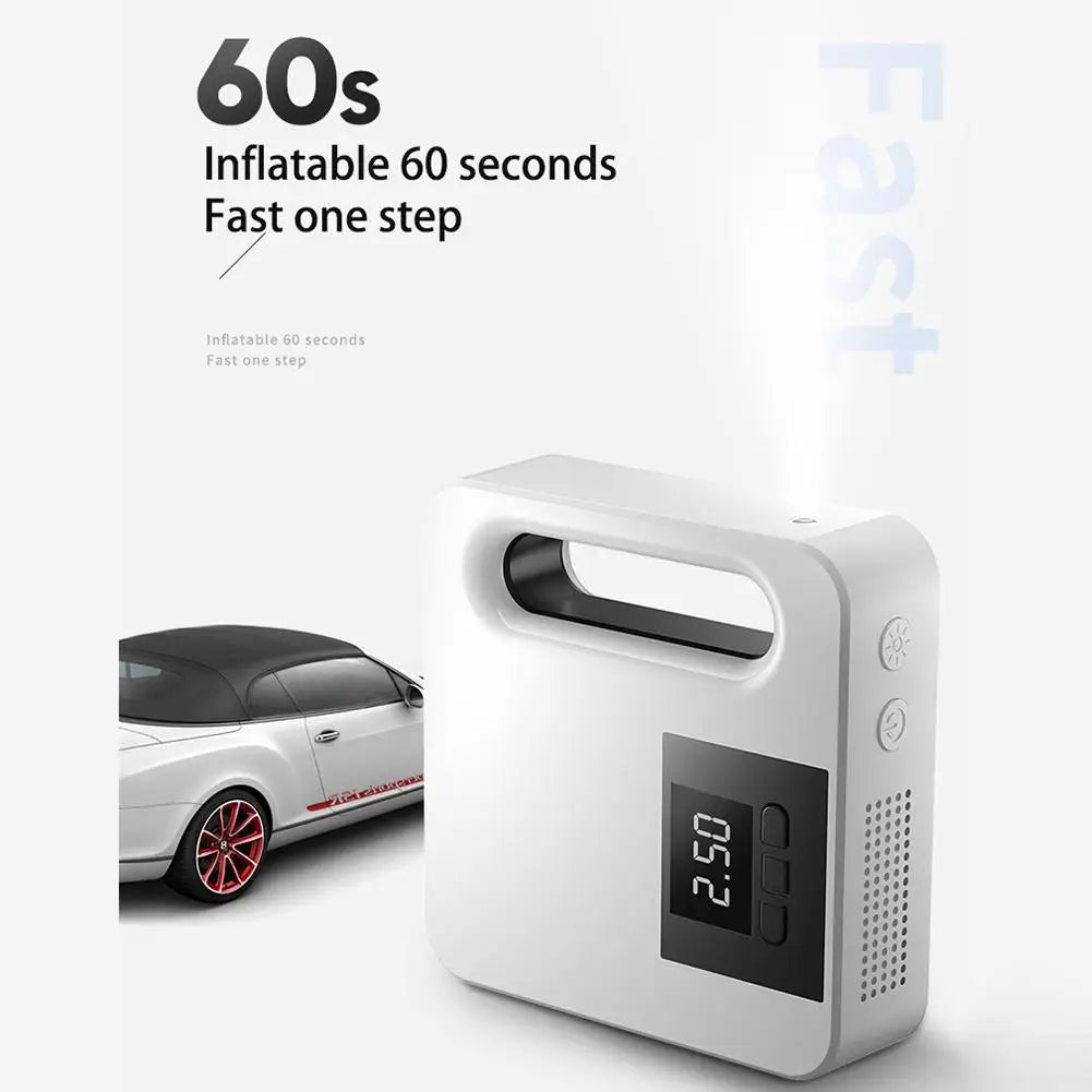 Digital tire inflator pictured beside a car