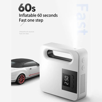 Digital tire inflator pictured beside a car