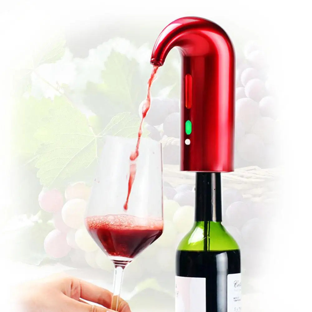 Red electric wine pourer dispensing wine into a glass