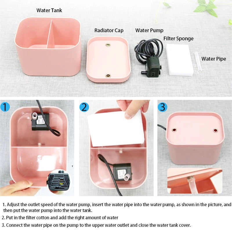 Pet fountain components and illustrated assembly steps