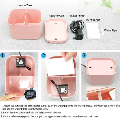 Pet fountain components and illustrated assembly steps